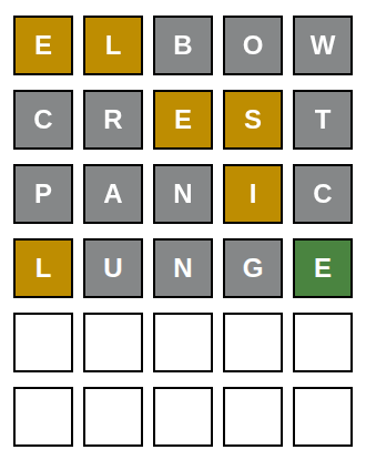 English Wordle board — 4 guesses in