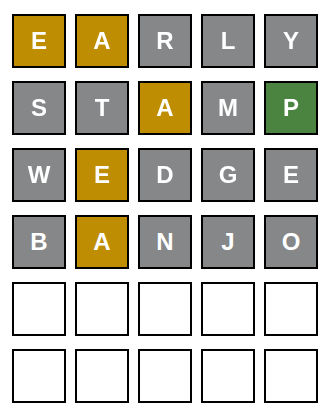 Hard Wordle board — all clues placed, can you solve it?